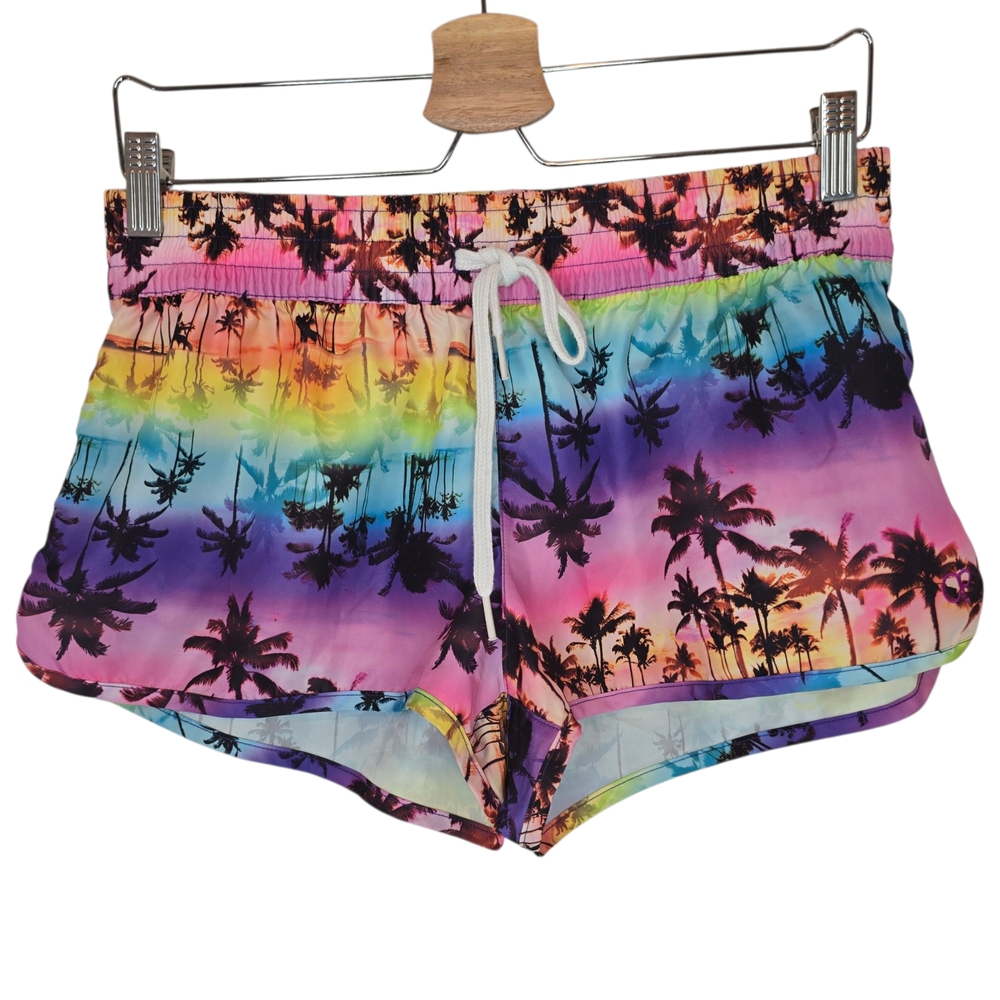 OP Rainbow Neon Palm Trees Swim Shorts Juniors M 7-9 Beachcore Surf Y2K Tropical